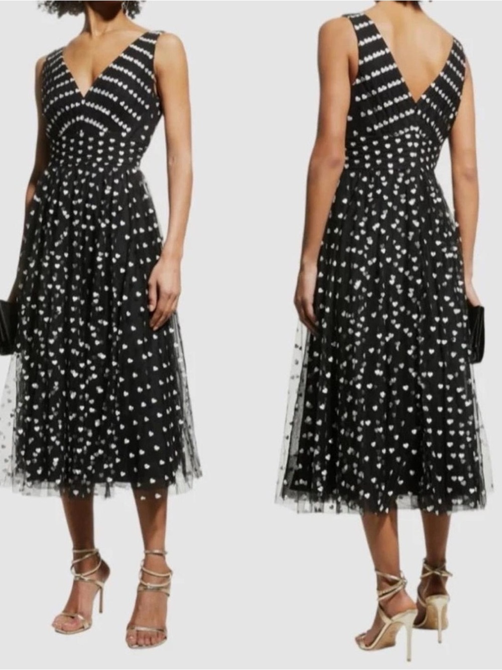 Black Sleeveless V-Neck Midi Dress with White Heart Print